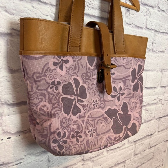 LL Bean Vintage 90s Purple Floral Hawaiian Canvas and Leather Tote Bag Y2K EUC - Picture 6 of 11